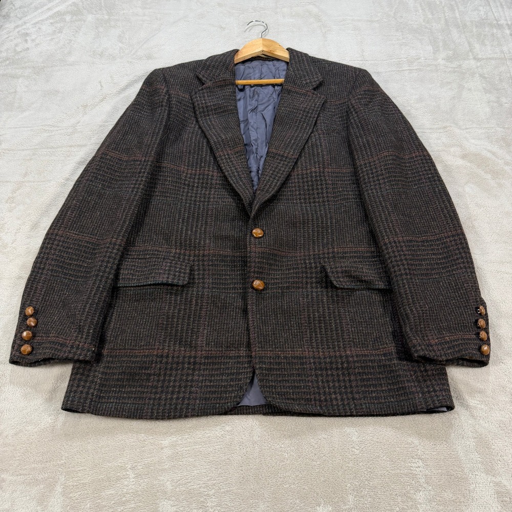 Vintage Custom  Mens 43L Pure Wool Plaid Blazer Brown 2-Button Sport Coat USA